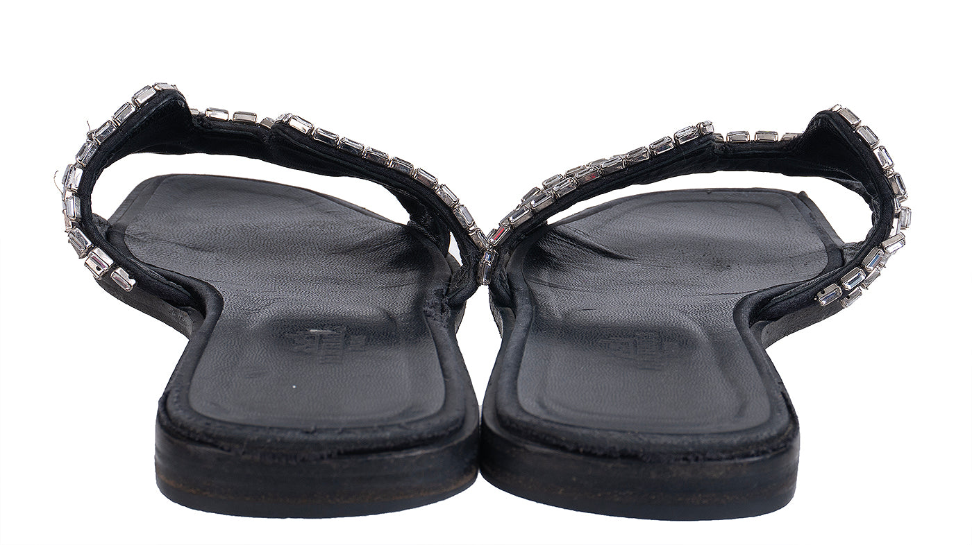 Hermes Black Satin and Crystal Sandals 39