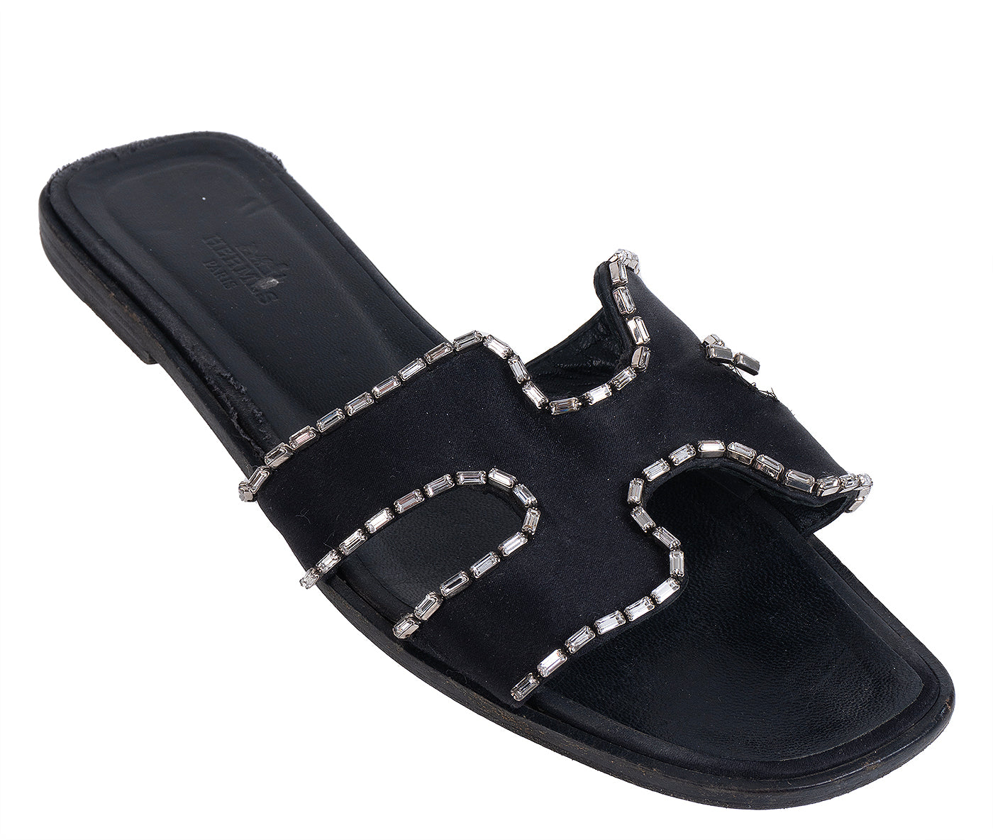 Hermes Black Satin and Crystal Sandals 39