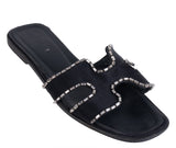 Hermes Black Satin and Crystal Sandals 39