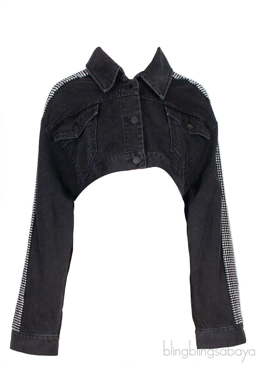 Black Denim Crystal Shoulder Crop Jacket
