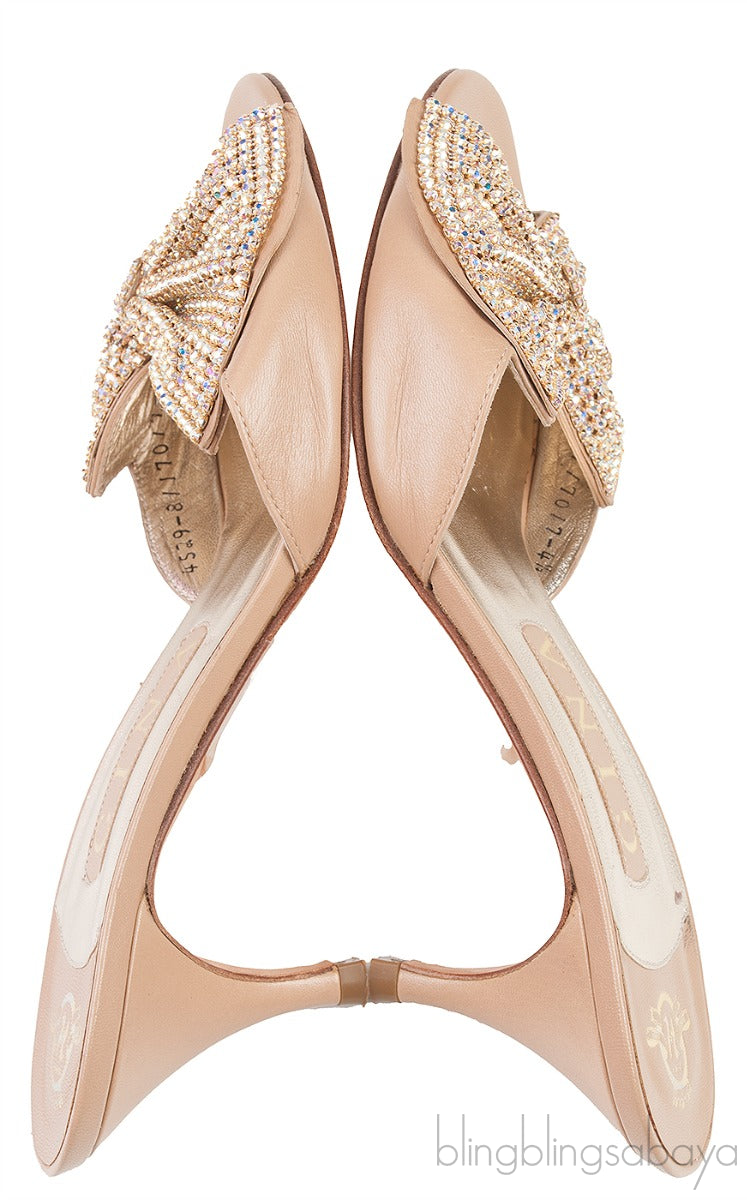 Nude Leather Bow Crystal Sandals