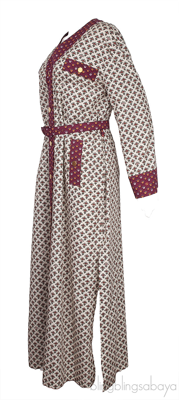 Off-White Burgundy Floral Print Belted Dress