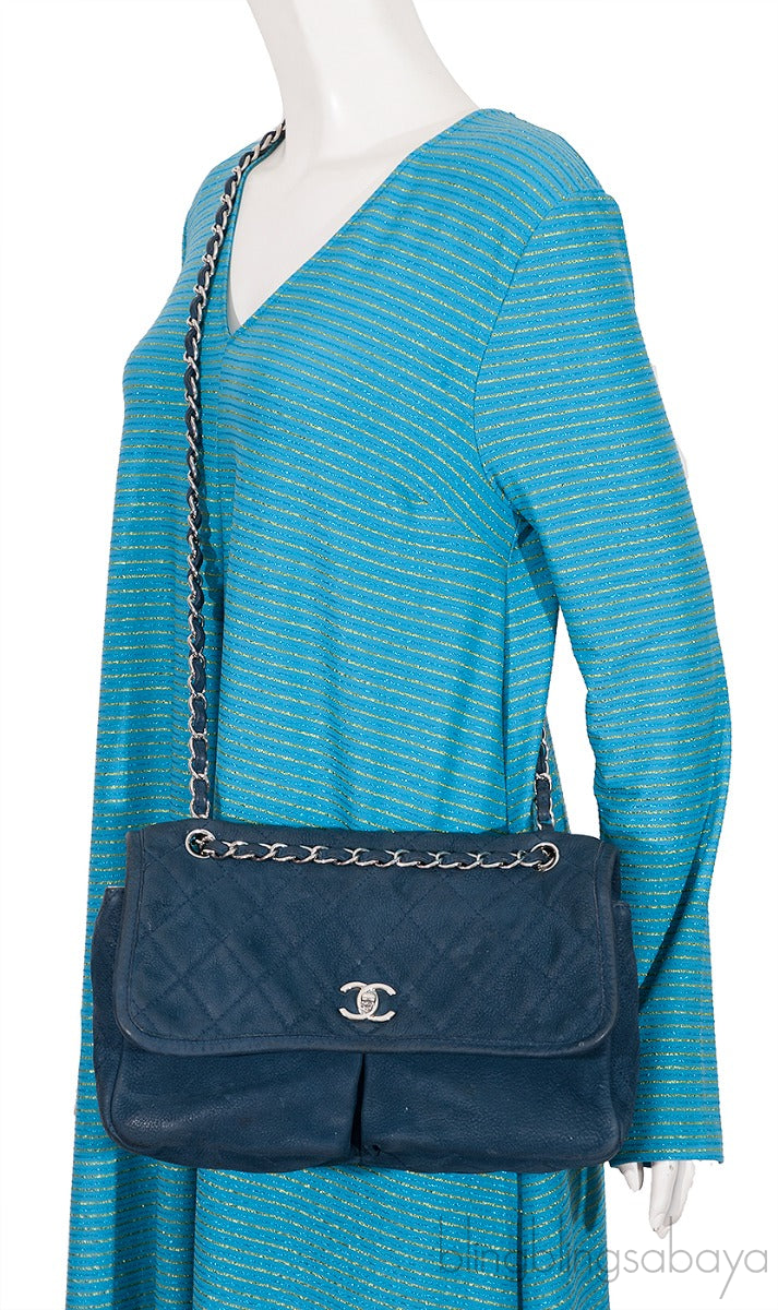 Blue Nubuck Quilted Flap Bag