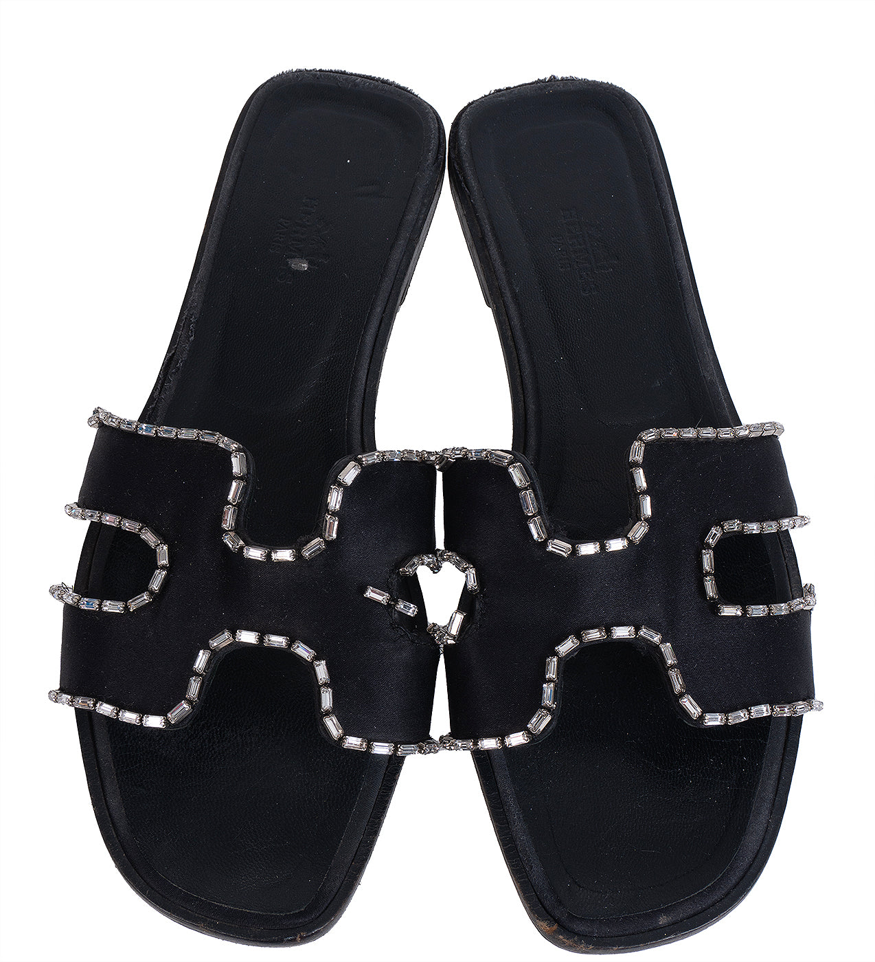 Hermes Black Satin and Crystal Sandals 39