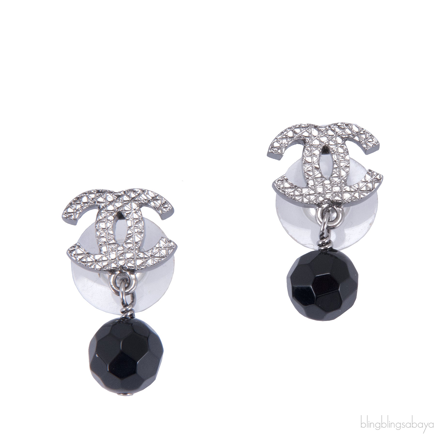 Silver CC Black Crystal Drop Earrings