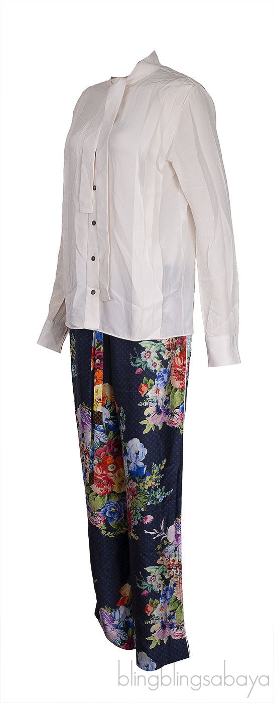 Off-white Pleated Shirt and Blue Floral Monogram Trouser