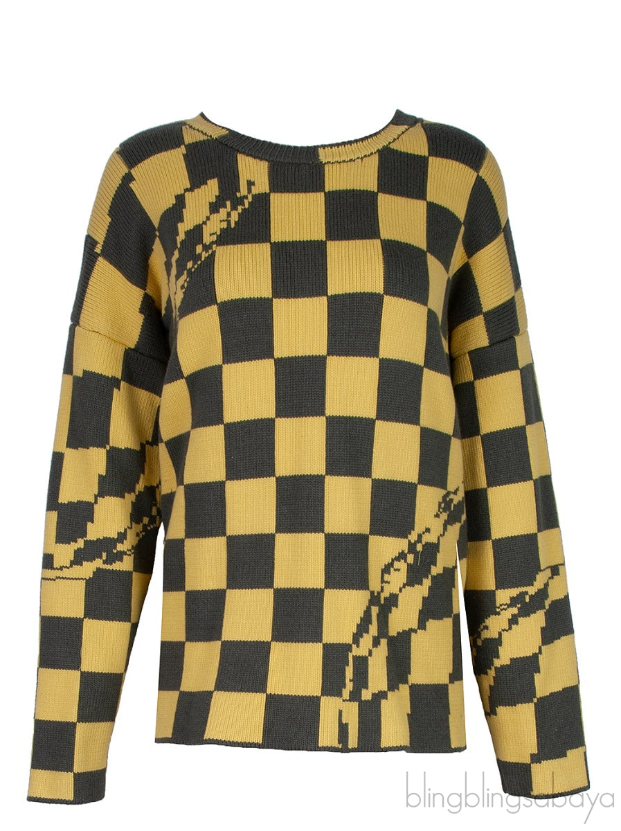Yellow & Grey Check Knitted  Sweatshirt