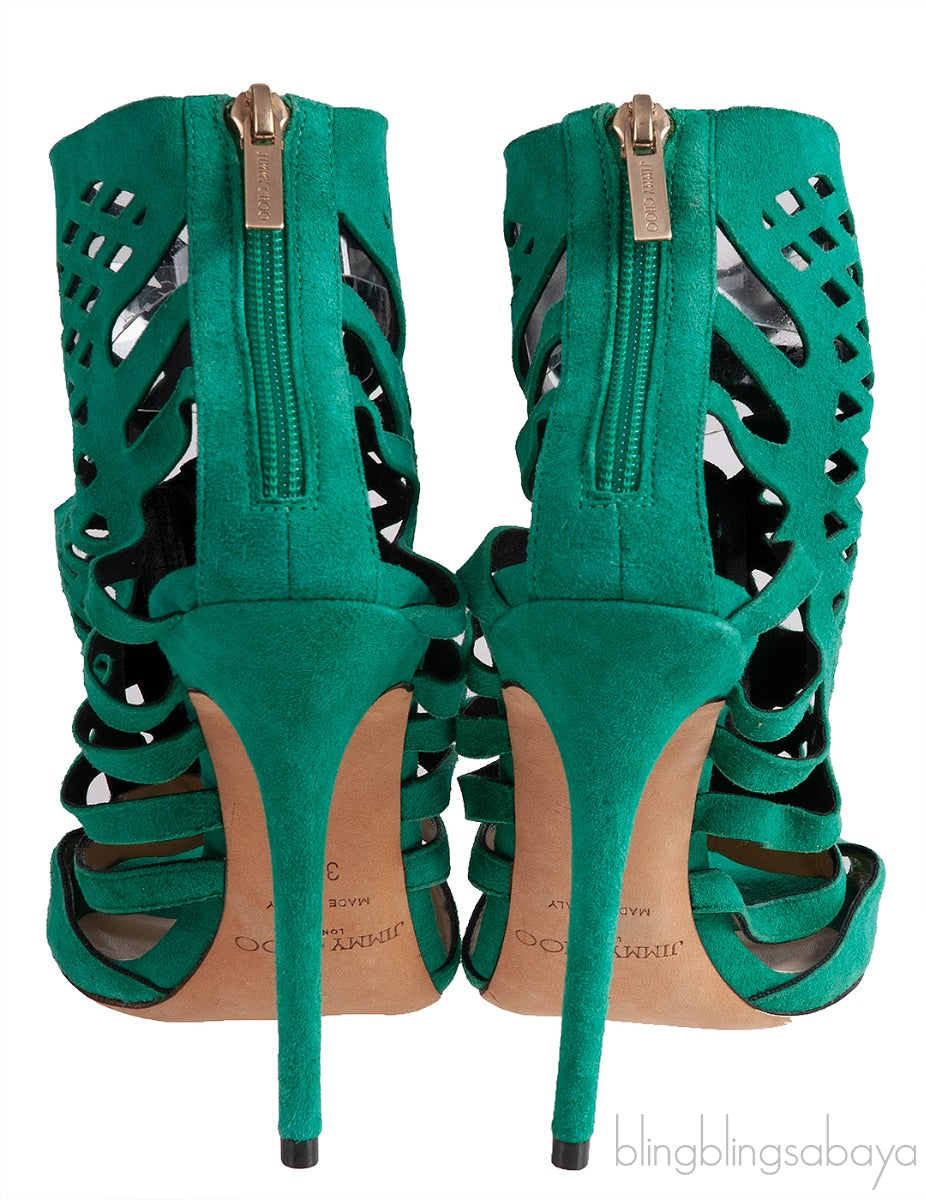 Green Suede Cut-out Peep Toe Heels
