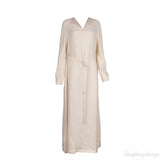 Beige V-neck Belted Dress