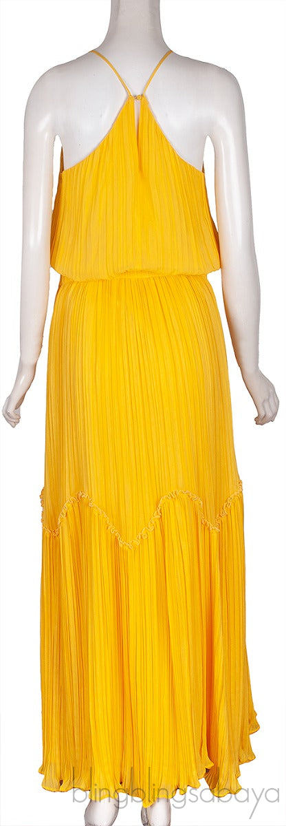 Yellow Pleats Please Tiered Maxi Dress