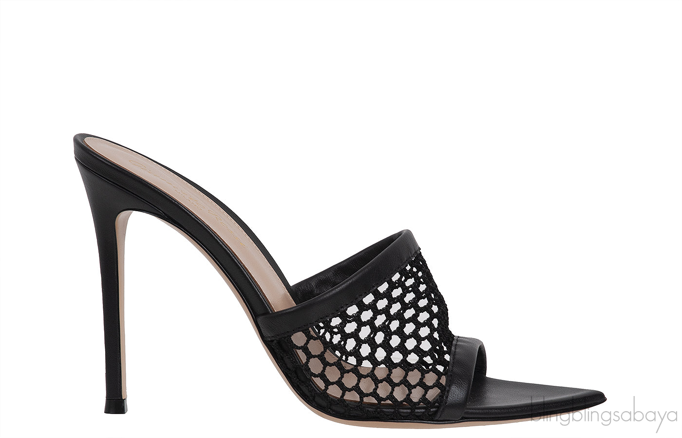 Black Leather Trimmed Fishnet Mules
