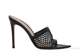 Black Leather Trimmed Fishnet Mules