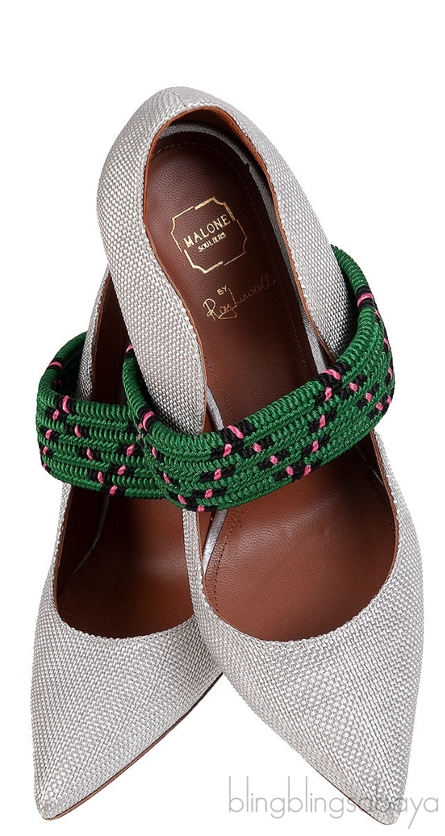 Silver Raffia & Green Fabric Heels