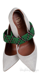 Silver Raffia & Green Fabric Heels
