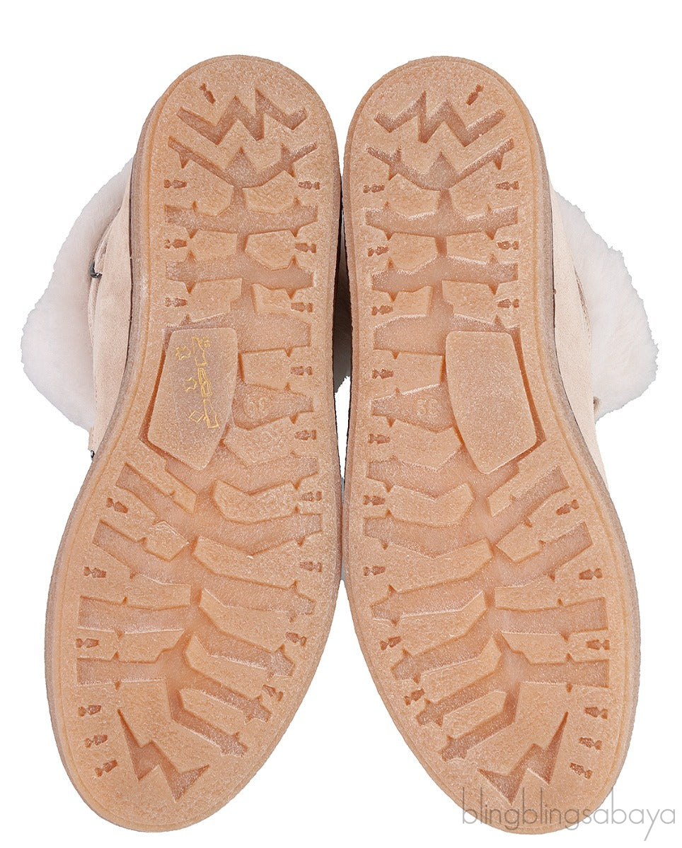 Beige Suede Fur Trim Flat Boots