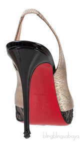 Christian Louboutin Black Floral Lace Gold Trim Slingback Heels