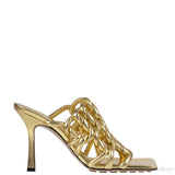 Bottega Veneta Metallic Gold Reflection Weave Square Toe Sandals