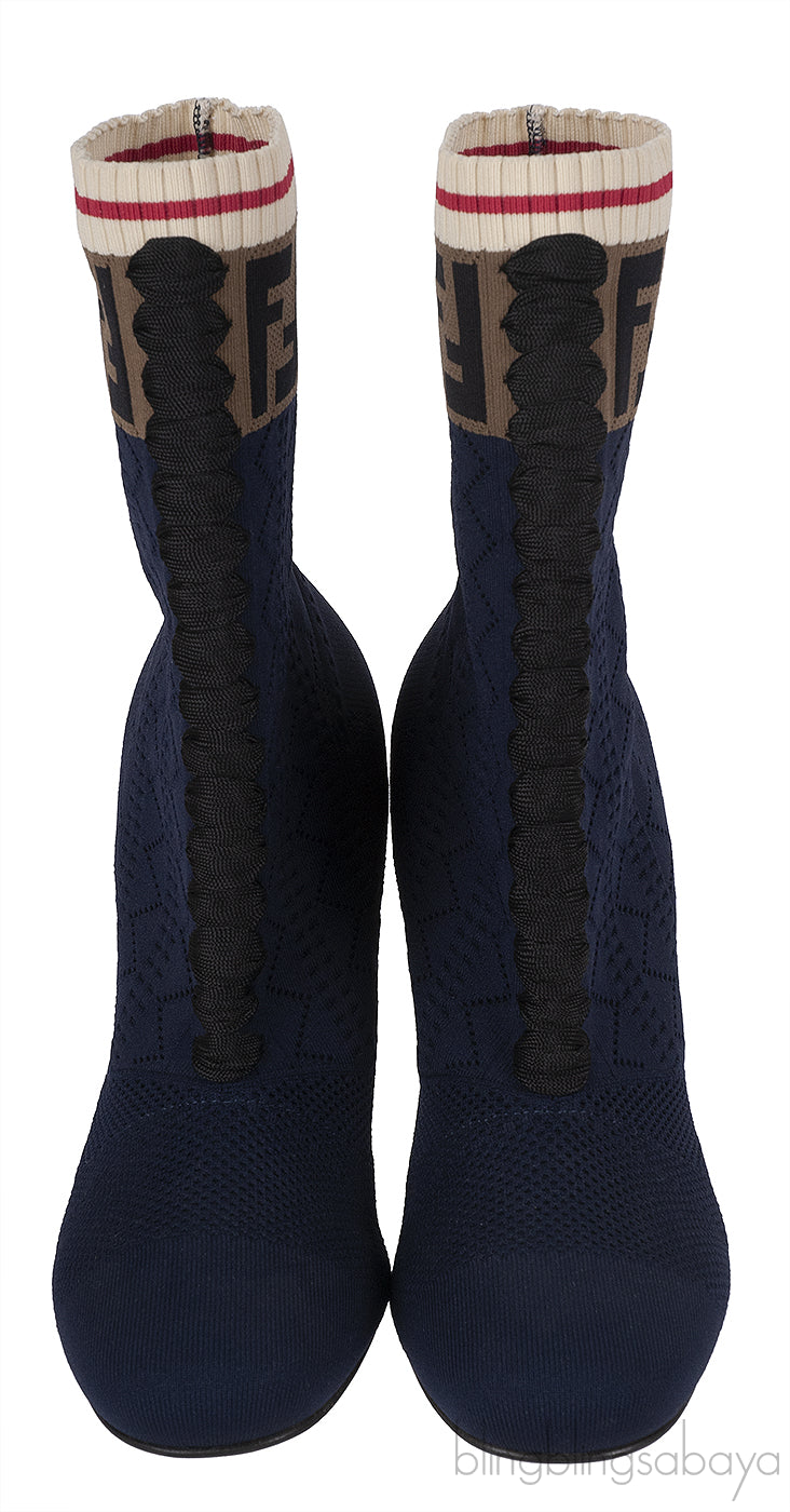 Fendi Zucca FF Logo Navy Blue Knit Boots