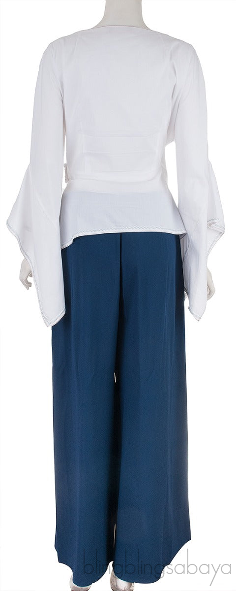 White Wrap Top & Blue Wide Leg Pants