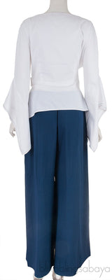 White Wrap Top & Blue Wide Leg Pants