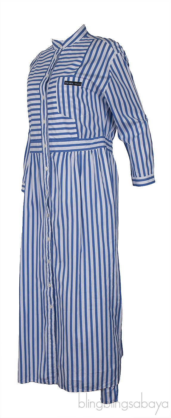 White & Blue Striped Cotton Midi Dress