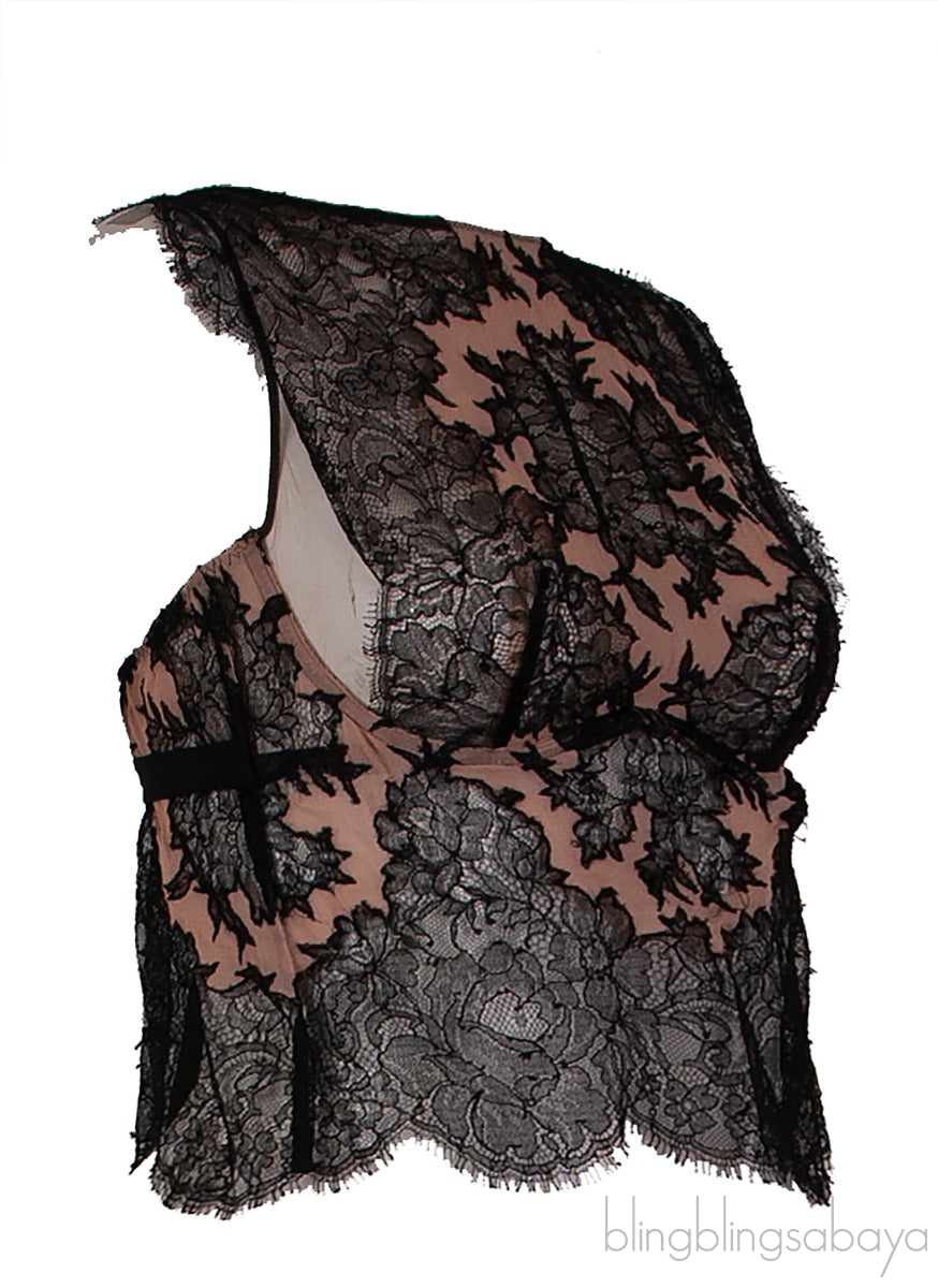 Black Floral Lace Nude Crop Top