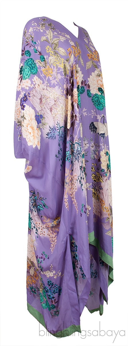 Purple Floral Print Silk Kaftan Dress