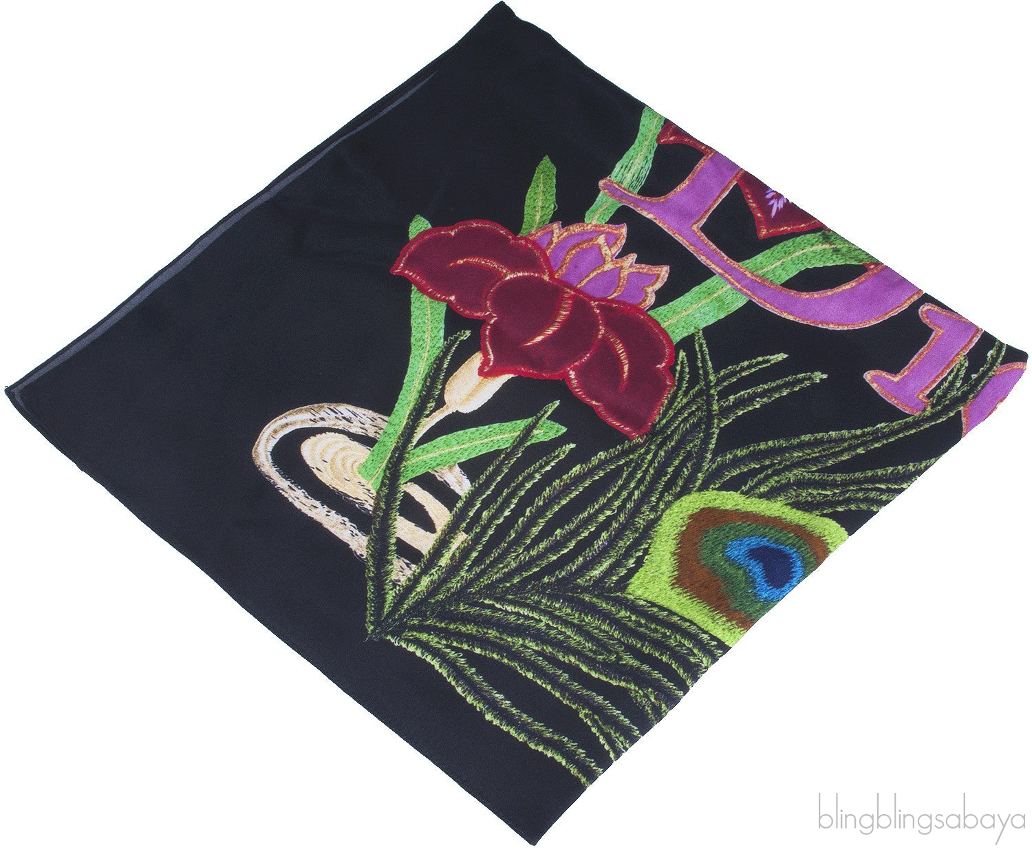 Black Floral Print Silk Scarf