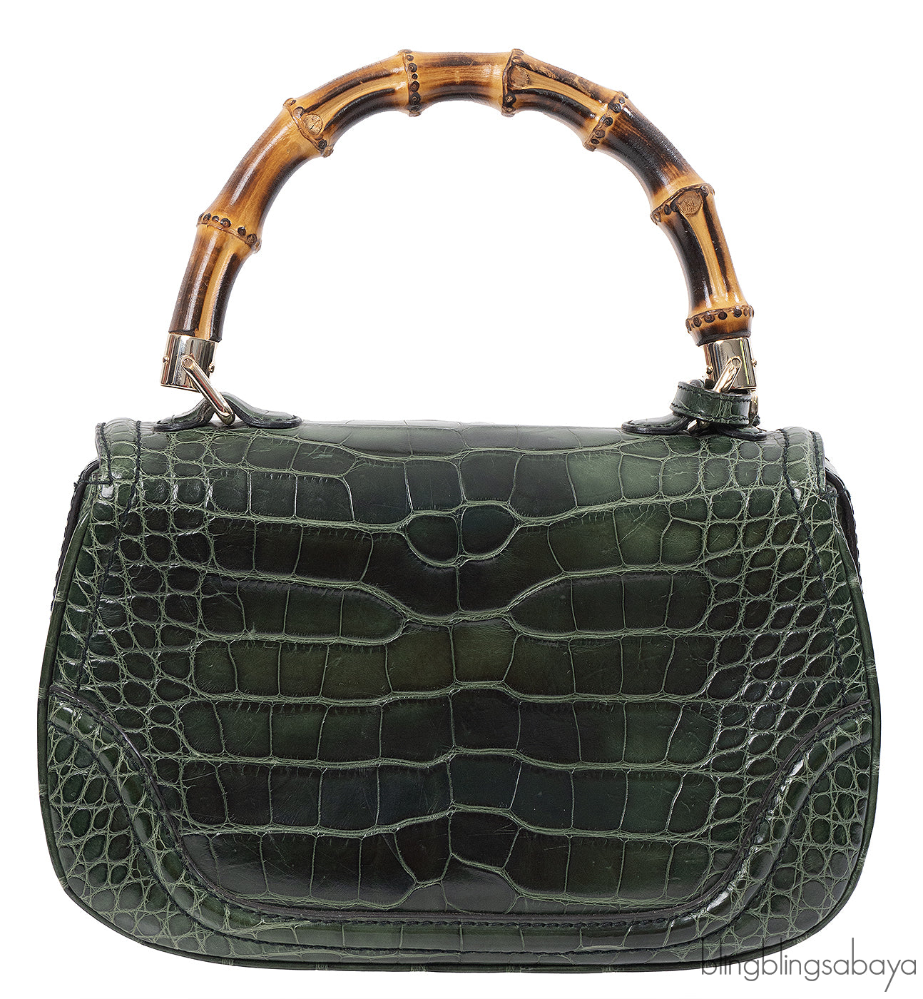 Gucci Forest Green Medium Crocodile Bamboo Top Handle Bag