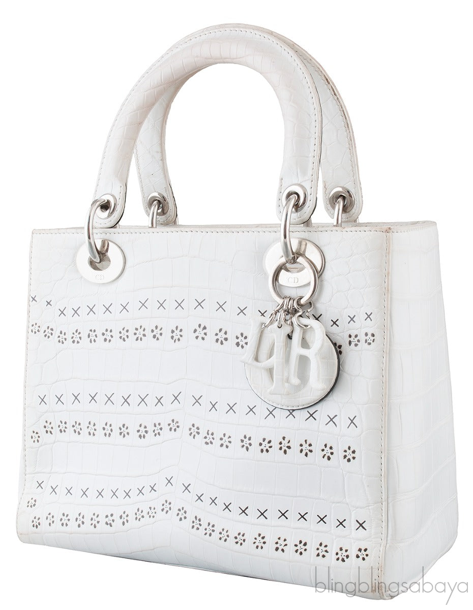 Christian Dior Lady Dior White Printed Crocodile Medium Bag