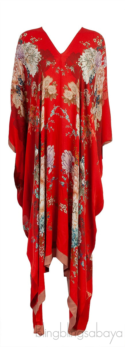 Red Floral Print Silk Kaftan Dress