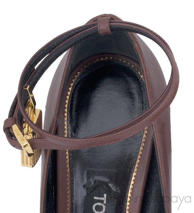 Brown Padlock Ankle Strap Pump