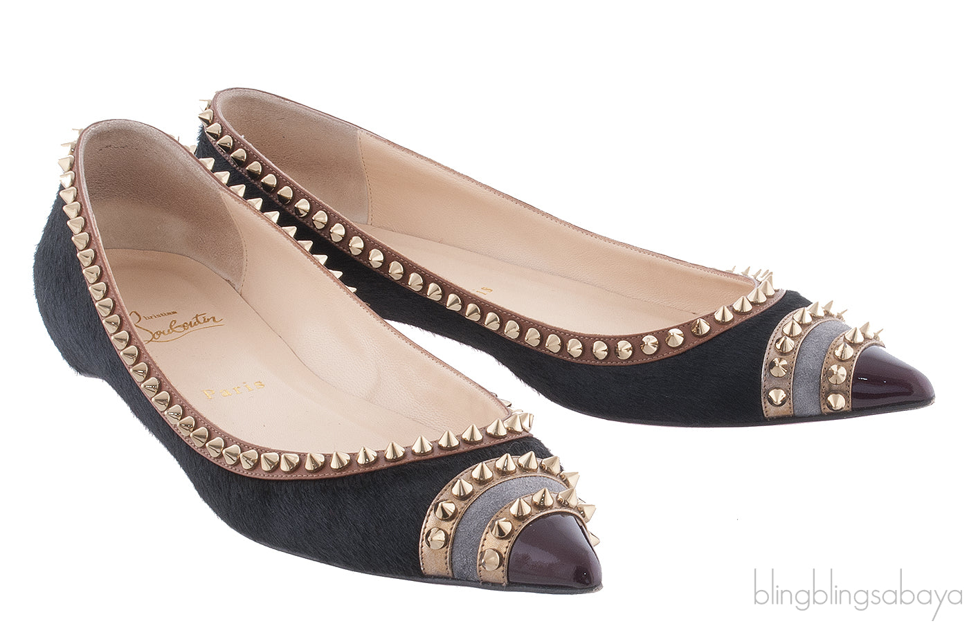 Black Calf Hair Spiked Pointed Toe Flats