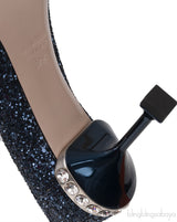 Blue Glitter Argento Pointed Toe Crystal Embellished Heels