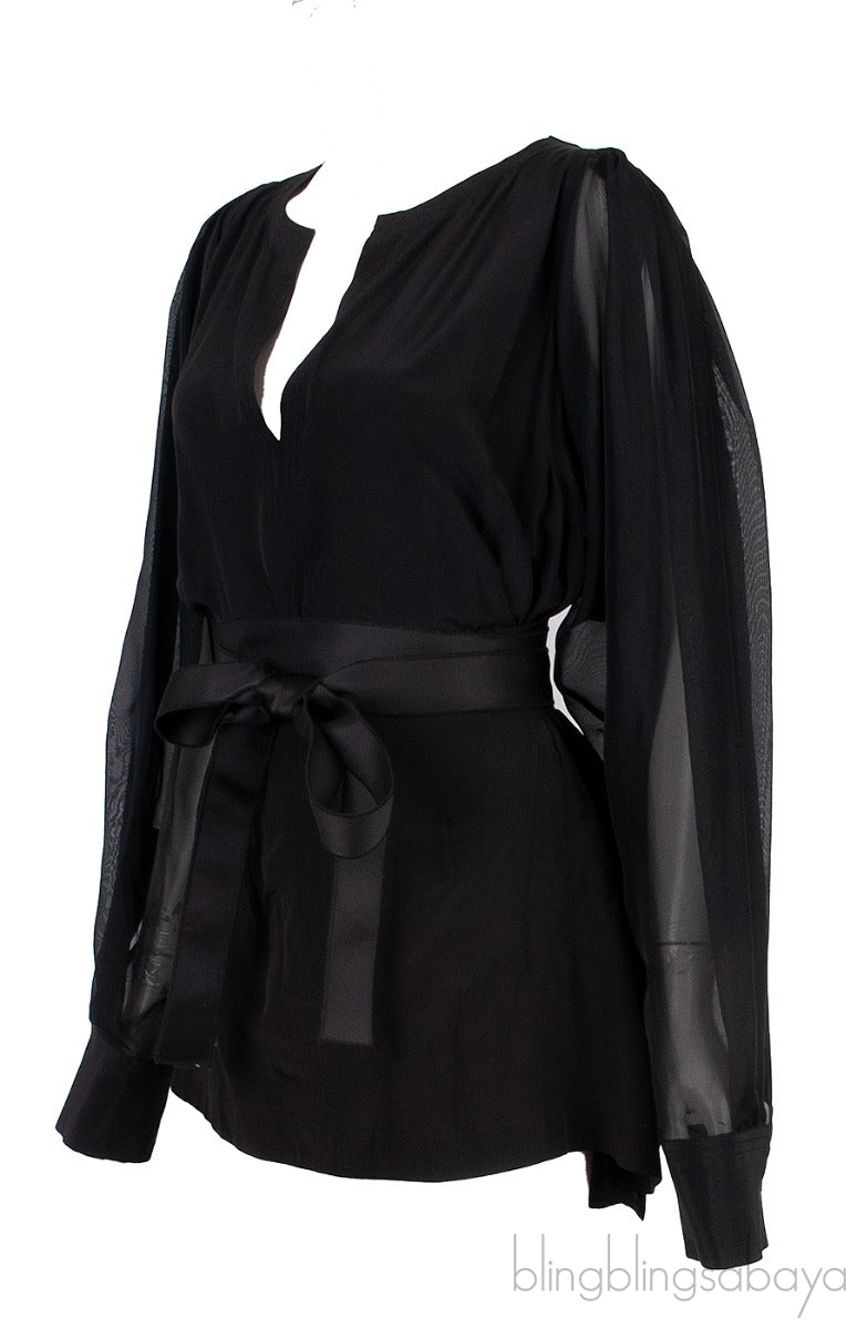 Black Long Sleeve Belted Top
