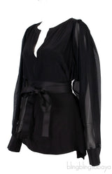 Black Long Sleeve Belted Top