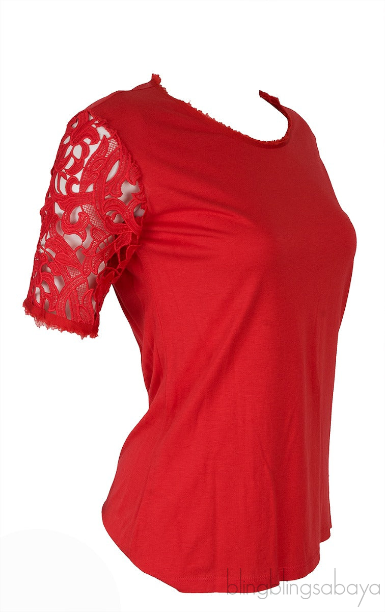 Red T-shirt with Lace Sleeves