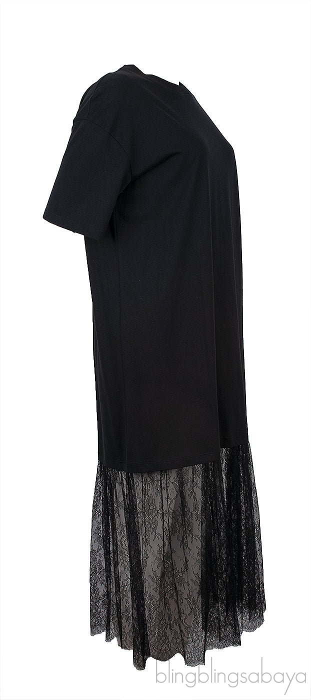 Black VLTN Lace Trim T-shirt Dress