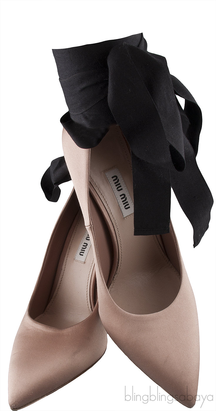 Nude Satin Black Strap Heels