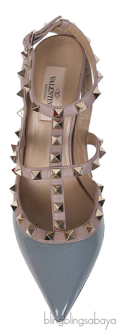 Valentino Garavani Blue Grey Patent Rockstuds Heels