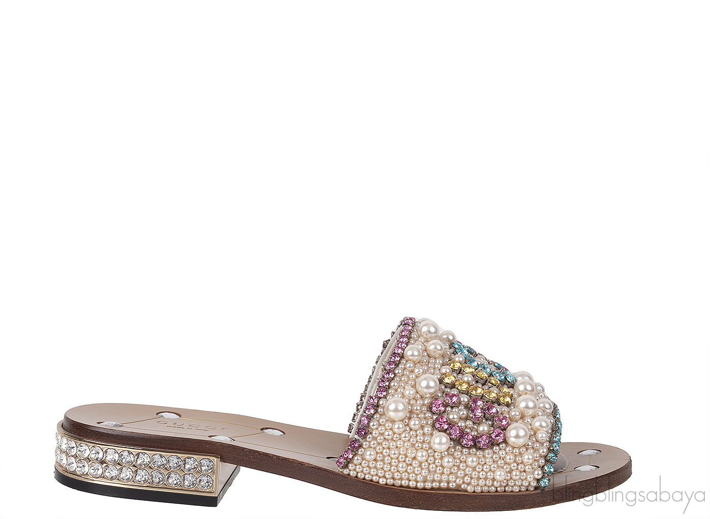 Guccy Pearl and Crystal Embellished Slide Sandals