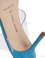 Manolo Blahnik Teal Blue Suede & Clear Eco PVC Scolto Open Toe Mules