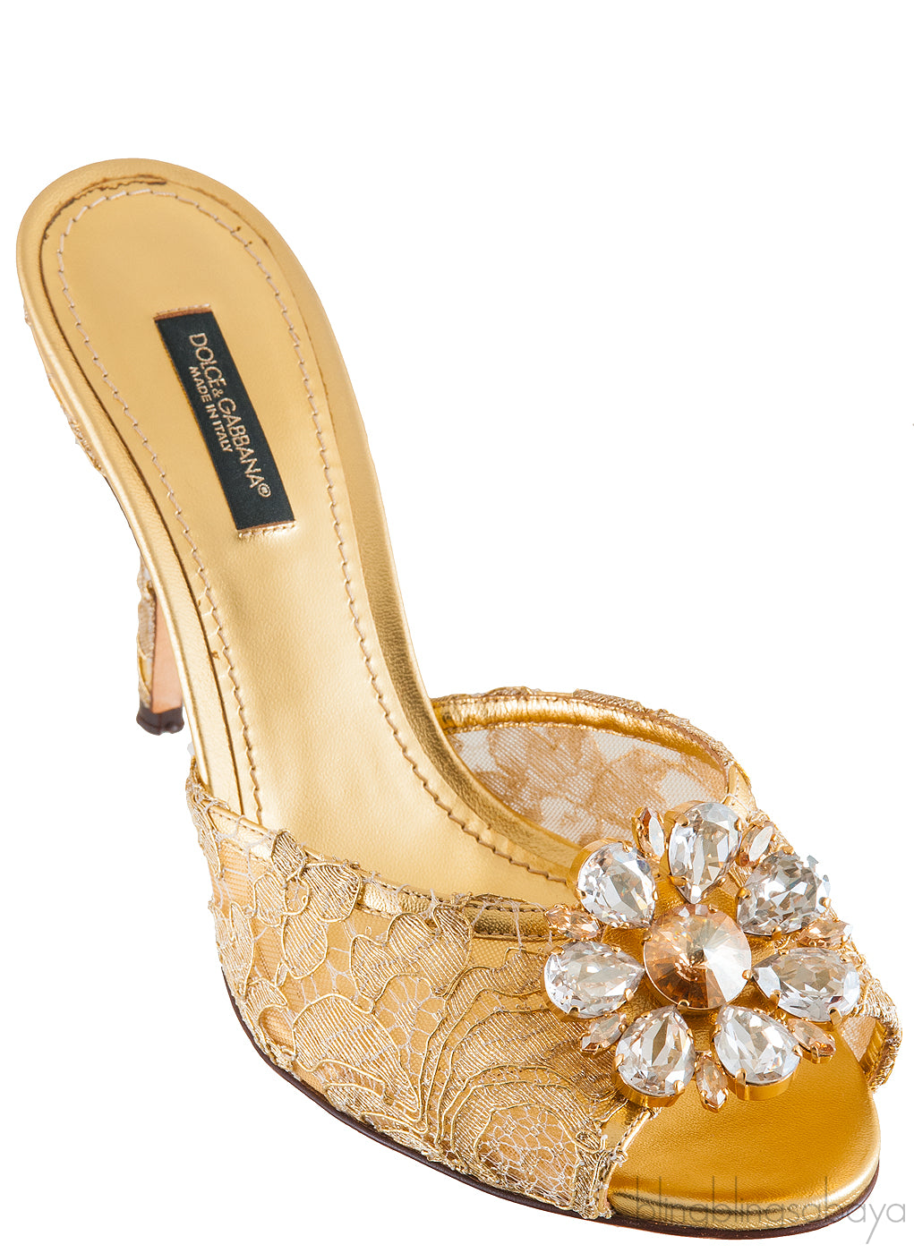 Gold Lace Crystal Vamp Slip-on Sandals
