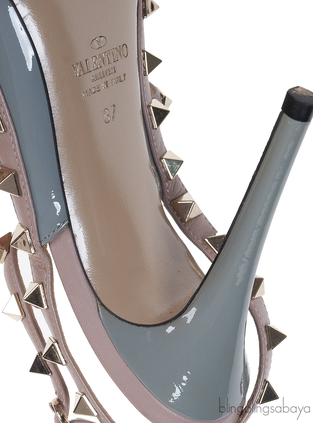 Valentino Garavani Blue Grey Patent Rockstuds Heels