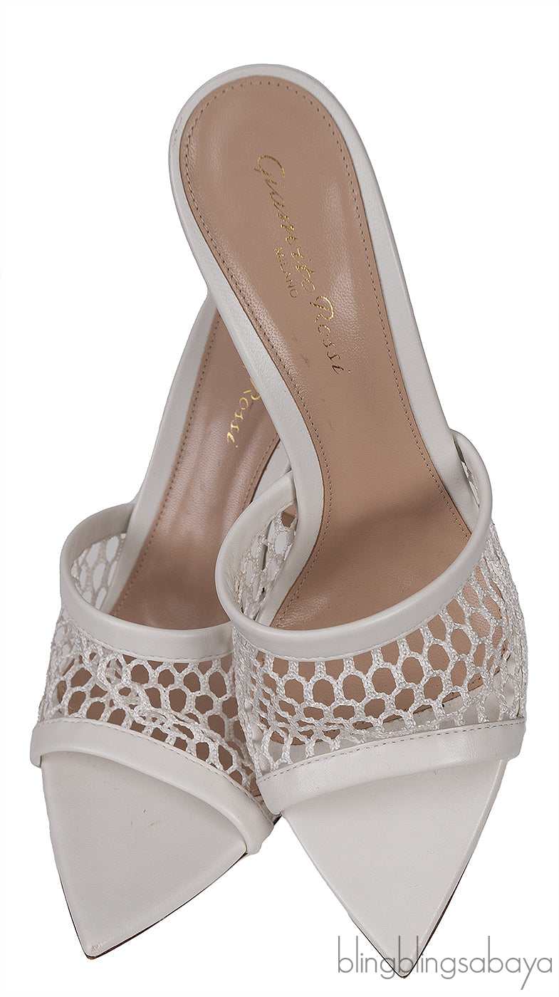 White Leather Trimmed Fishnet Mules