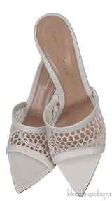 White Leather Trimmed Fishnet Mules
