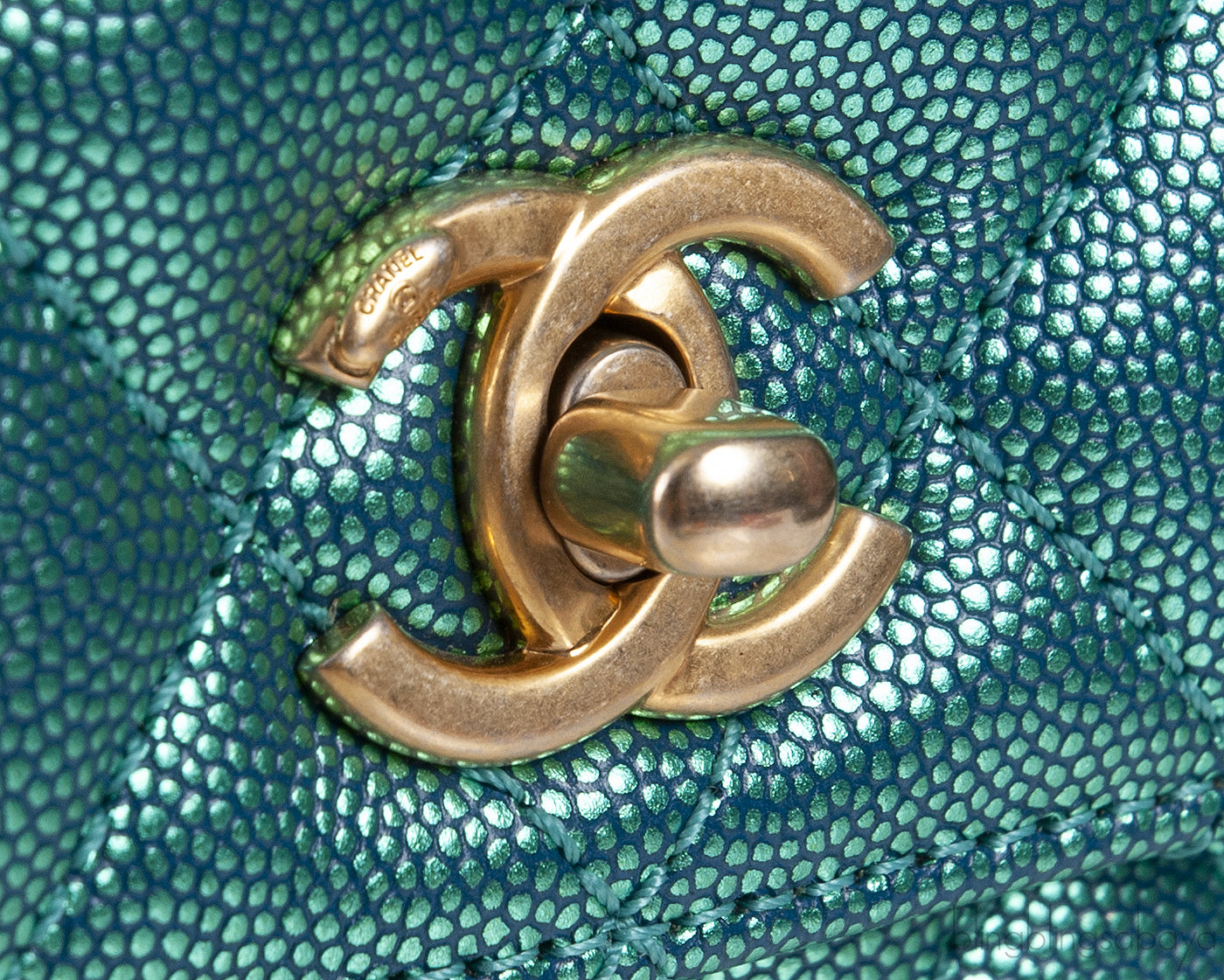 Metallic Green Quilted Caviar Leather Small Coco Top Handle Bag