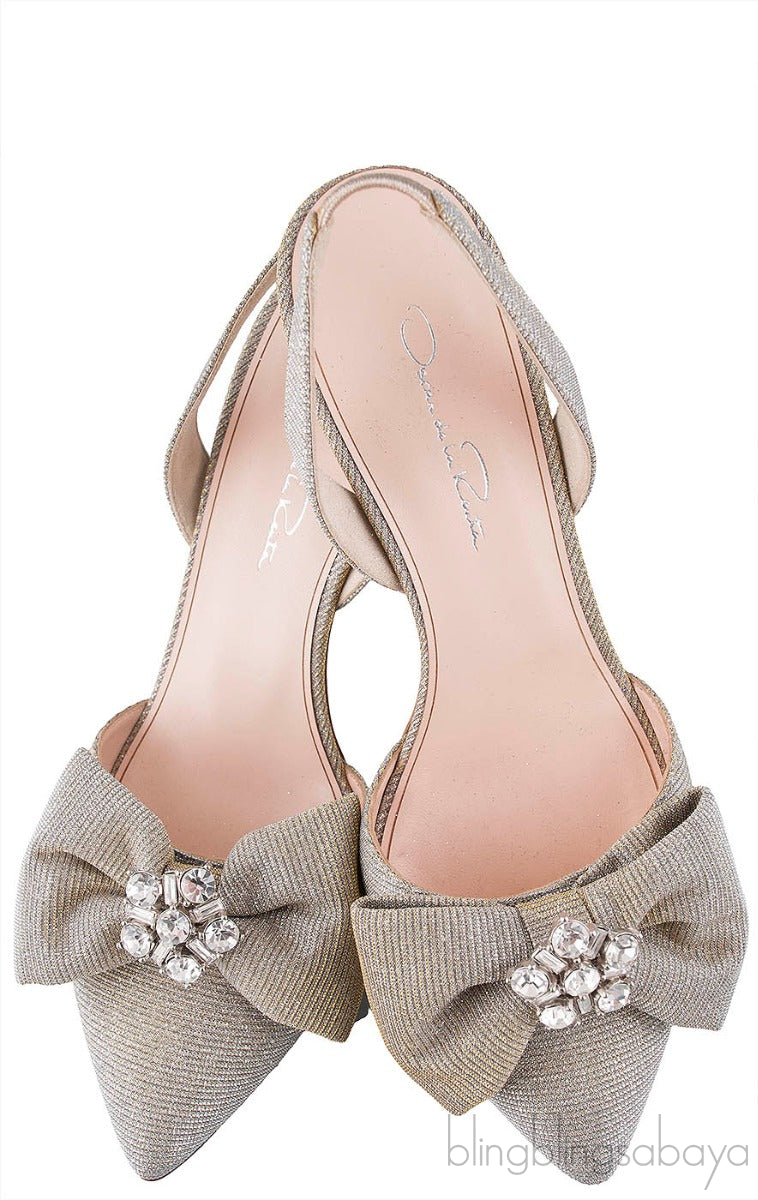 Oscar dela Renta Silver Gold Bow Slingback Heels