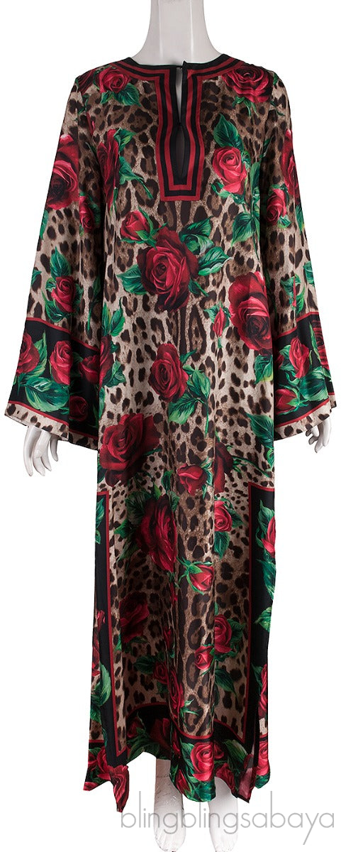 Brown Leopard & Rose Print Kaftan Dress