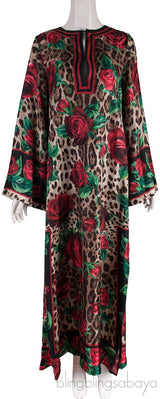 Brown Leopard & Rose Print Kaftan Dress